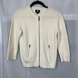 Vintage W by Worth 100% wool zip up sweater SM cream winter luxury preppy pocket